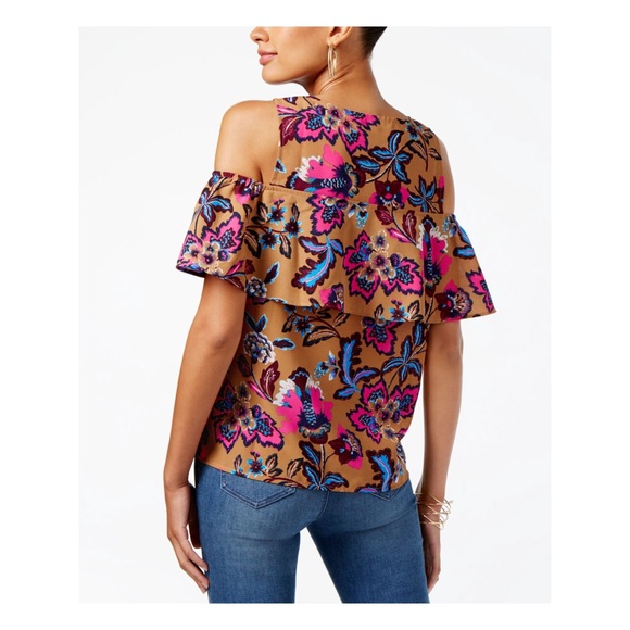 INC Sequined Floral Cold-shoulder Ruffle Blouse - Picture 3 of 5